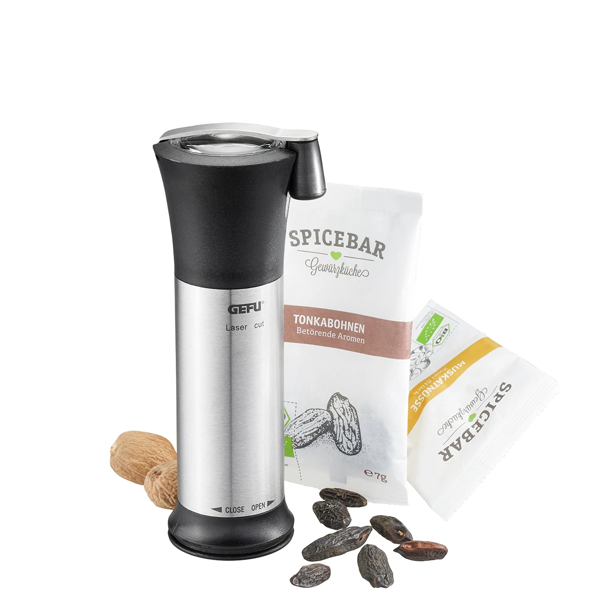 GEFU Set: Muskatmühle MOSCATA + SPICEBAR XS-Muskatnüsse, Bio Inhalt 8 G + SPICEBAR XS-Tonkabohnen, Bio Inhalt 7 G 3 GEFU Set: Muskatmühle MOSCATA + SPICEBAR XS-Muskatnüsse, Bio Inhalt 8 G + SPICEBAR XS-Tonkabohnen, Bio Inhalt 7 G